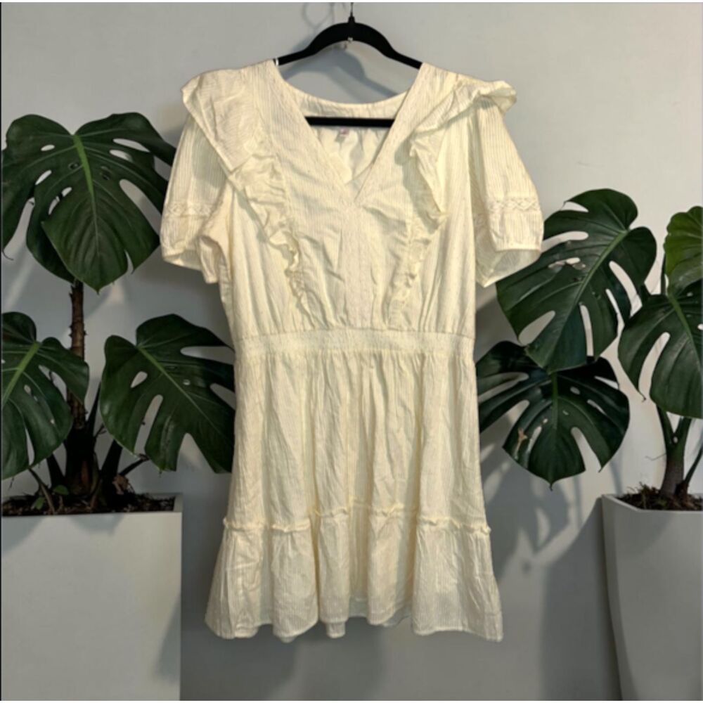 LC Cream Swiss Dot Mini Dress Large Cottagecore Ruffle Boho Dress